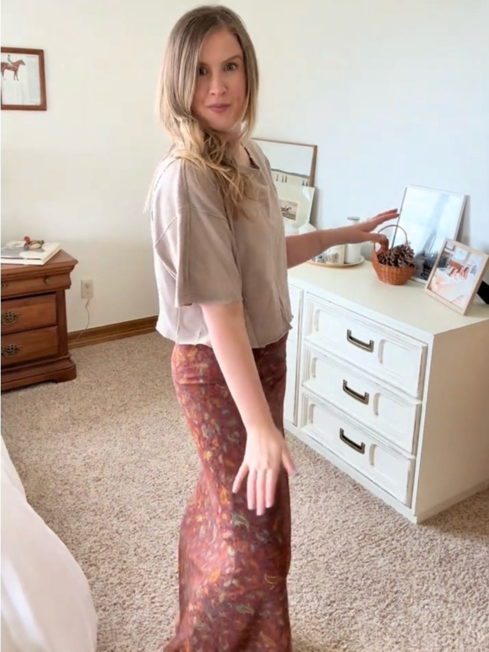 Boho Layering Floral Burnt Orange Maxi Skirt with Subtle Print